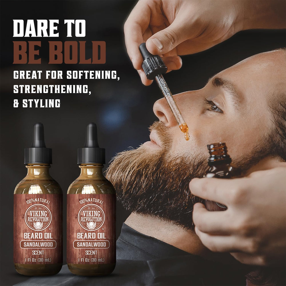 Viking Revolution sandalwood beard oil drops preparing to nourish beard