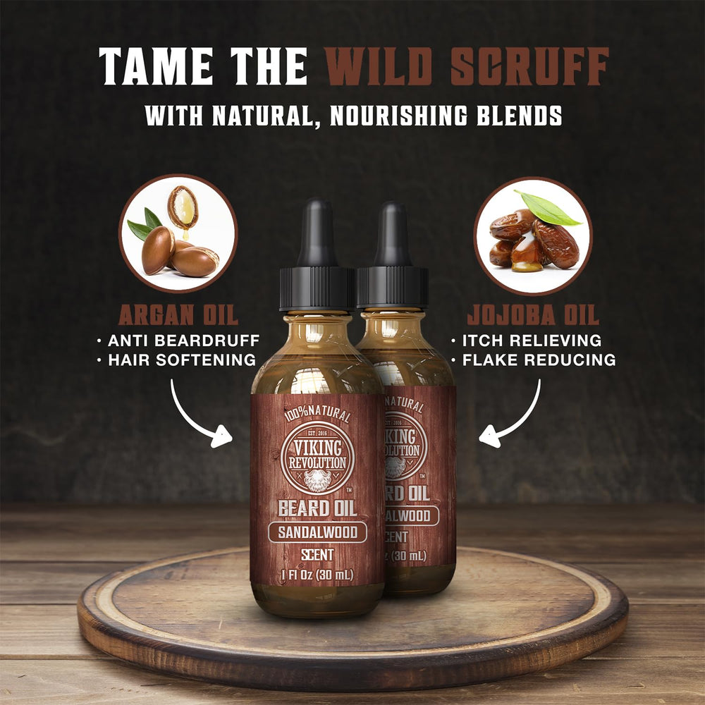 Viking Revolution sandalwood beard oil label highlighting natural ingredients