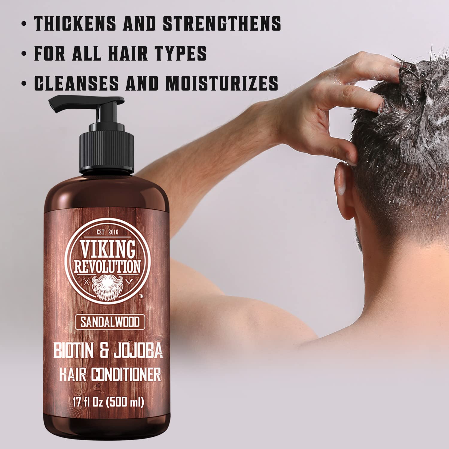 Viking Revolution Sandalwood Conditioner close-up of sandalwood oil and biotin ingredients