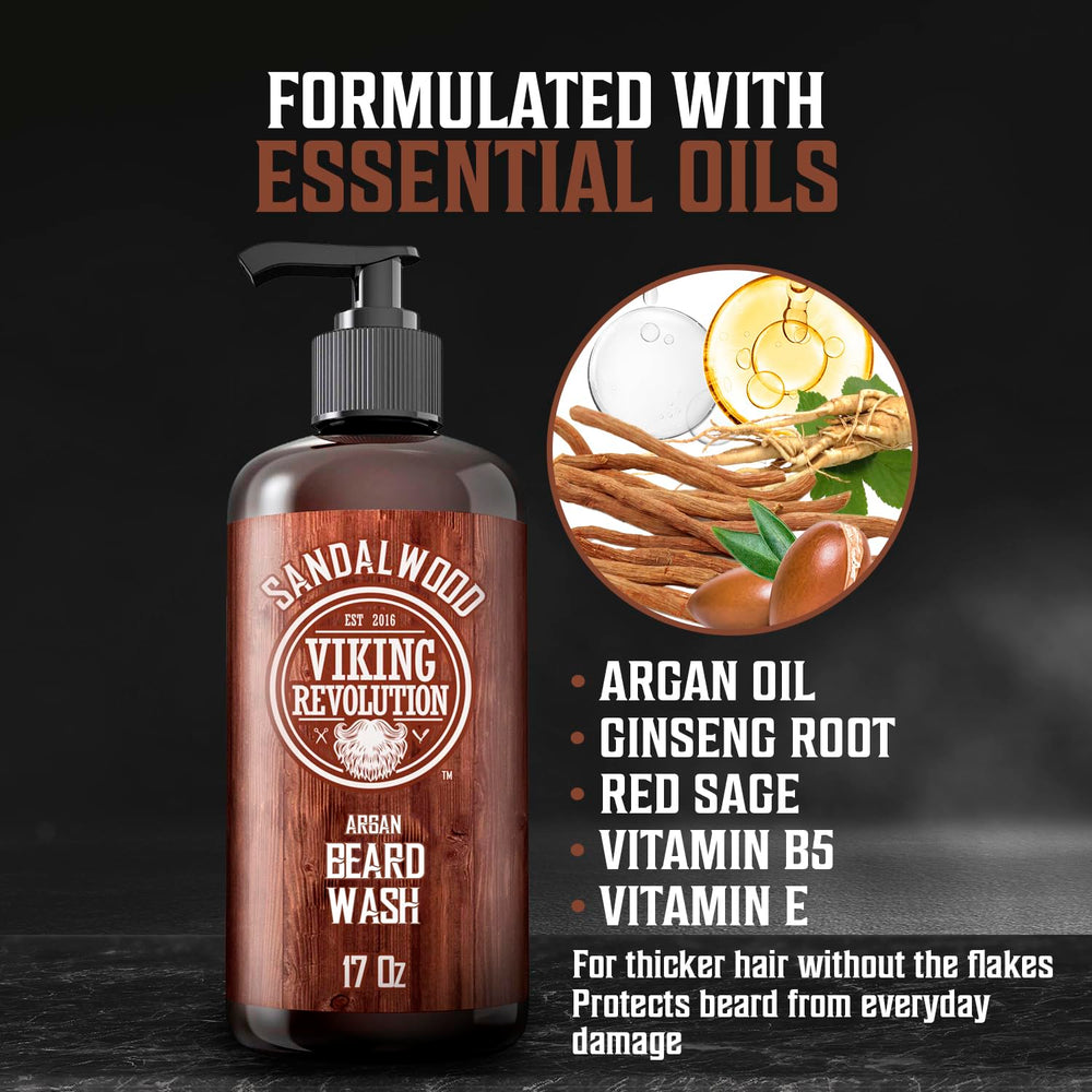 Viking Revolution sandalwood-scent beard wash provides a masculine aroma for daily grooming.