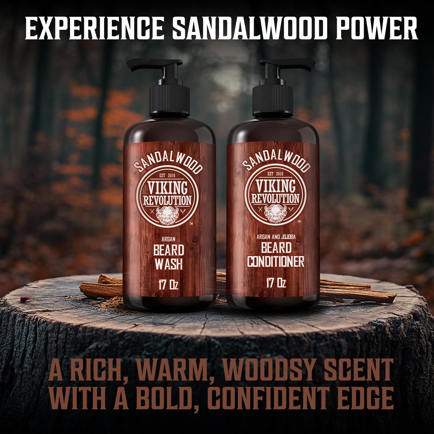 Viking Revolution sandalwood scented bottle highlights natural fragrance in grooming routine