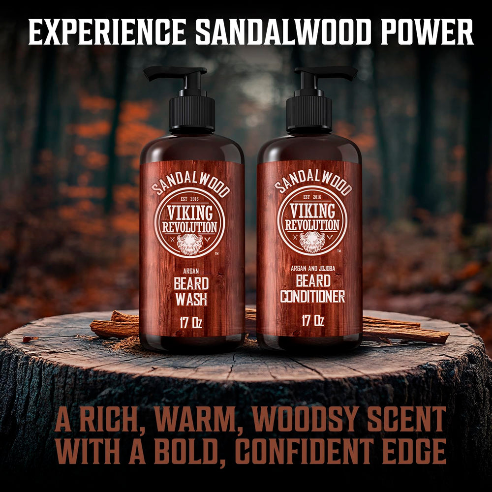Viking Revolution sandalwood scented bottle highlights natural fragrance in grooming routine