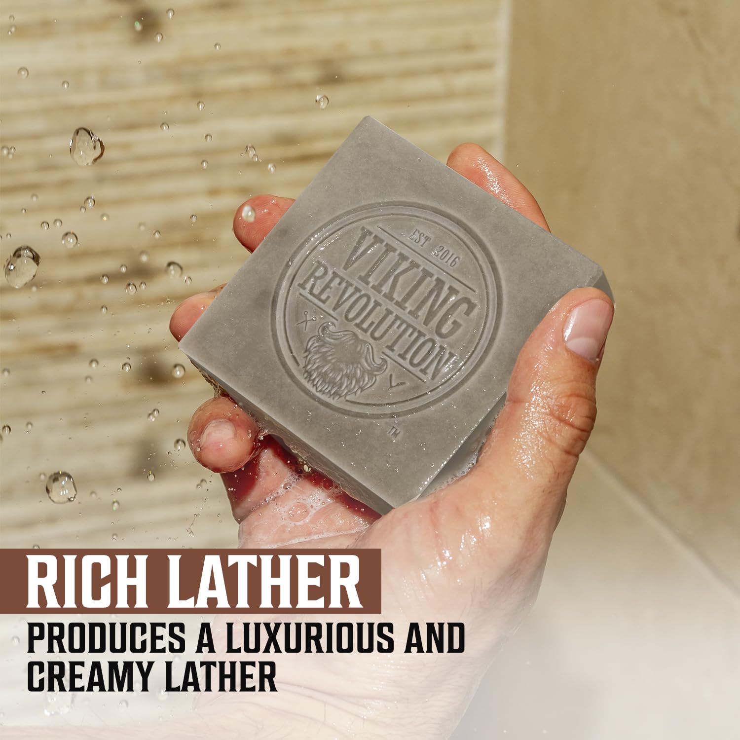 Viking Revolution sandalwood soap packaging with masculine design.