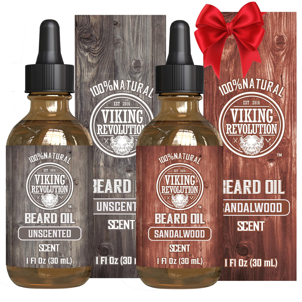 Viking Revolution sandalwood unscented beard oil bottle for daily conditioning and smoother beard.