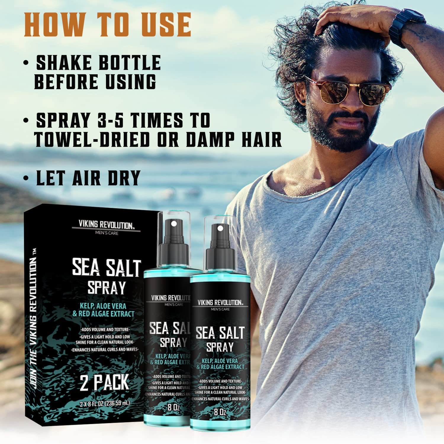 Viking Revolution Sea Salt Spray ingredient graphic highlights kelp, aloe, red algae