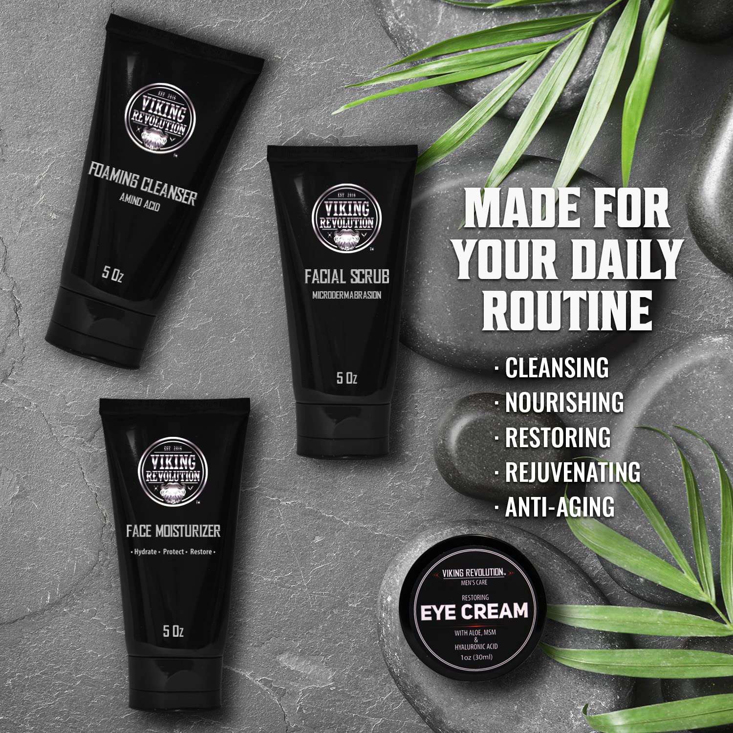 Viking Revolution product set on a clean surface suggests balanced care.