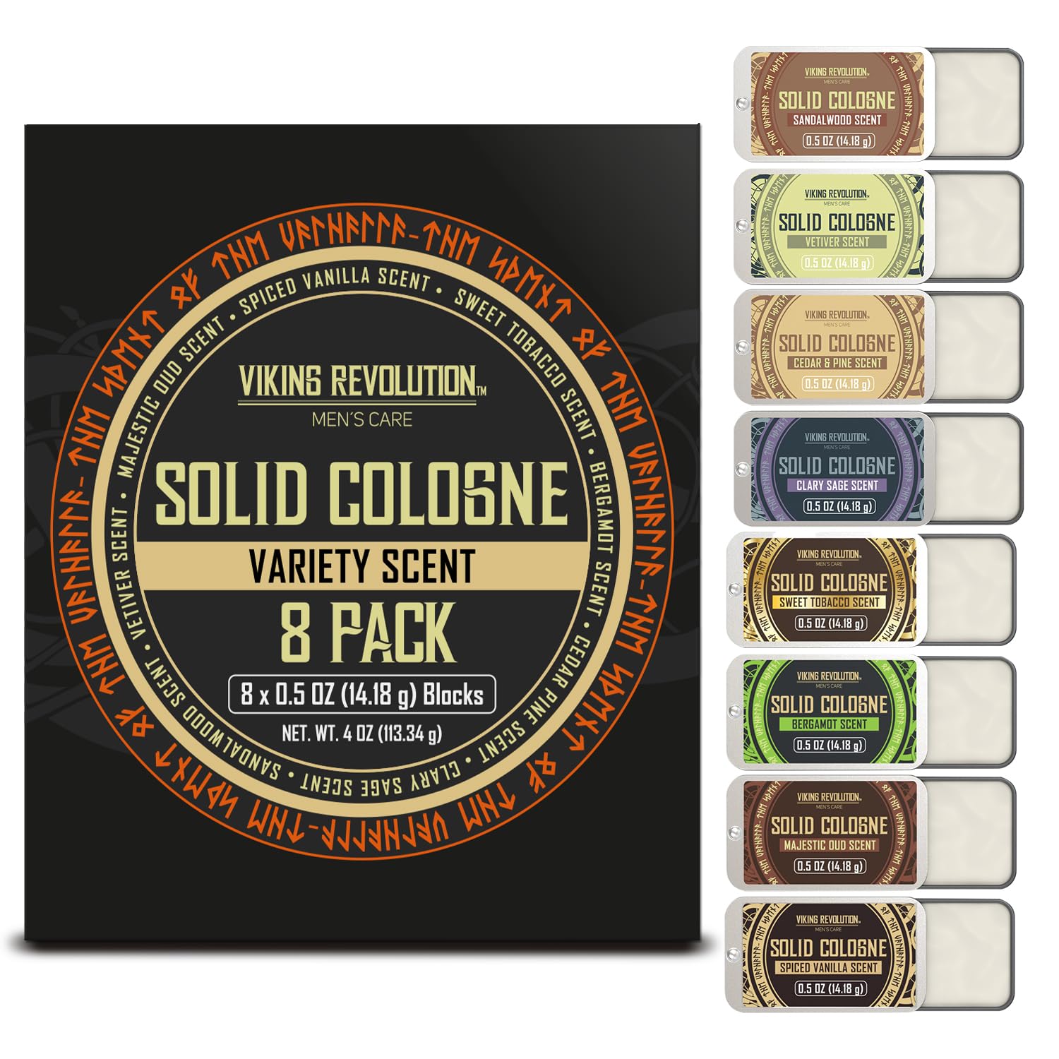 Viking Revolution solid cologne bergamot tin provides bright citrus lift for daytime freshness.