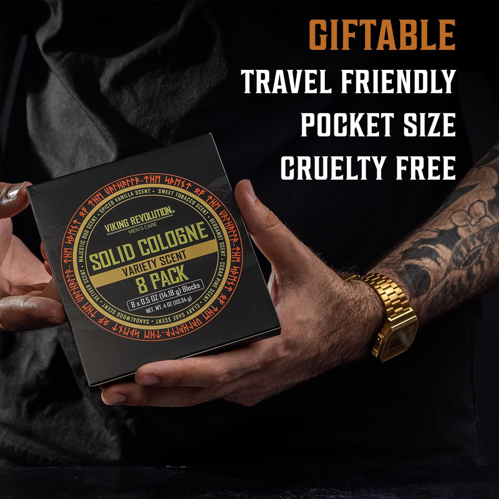 Viking Revolution solid cologne cedar-pine tin evokes outdoorsy scent for weekend escapes.