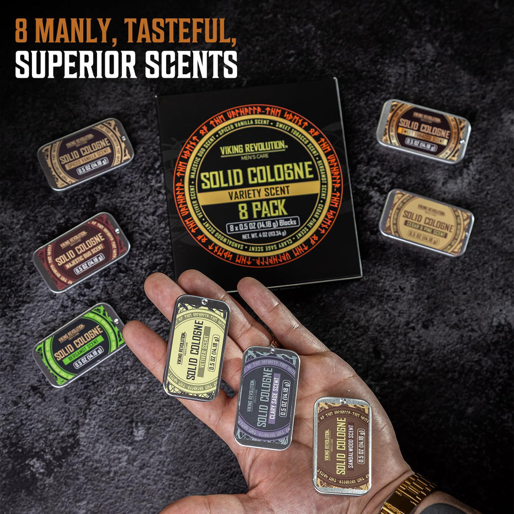 Viking Revolution solid cologne spiced-vanilla tin offers cozy sweetness for evening outings.