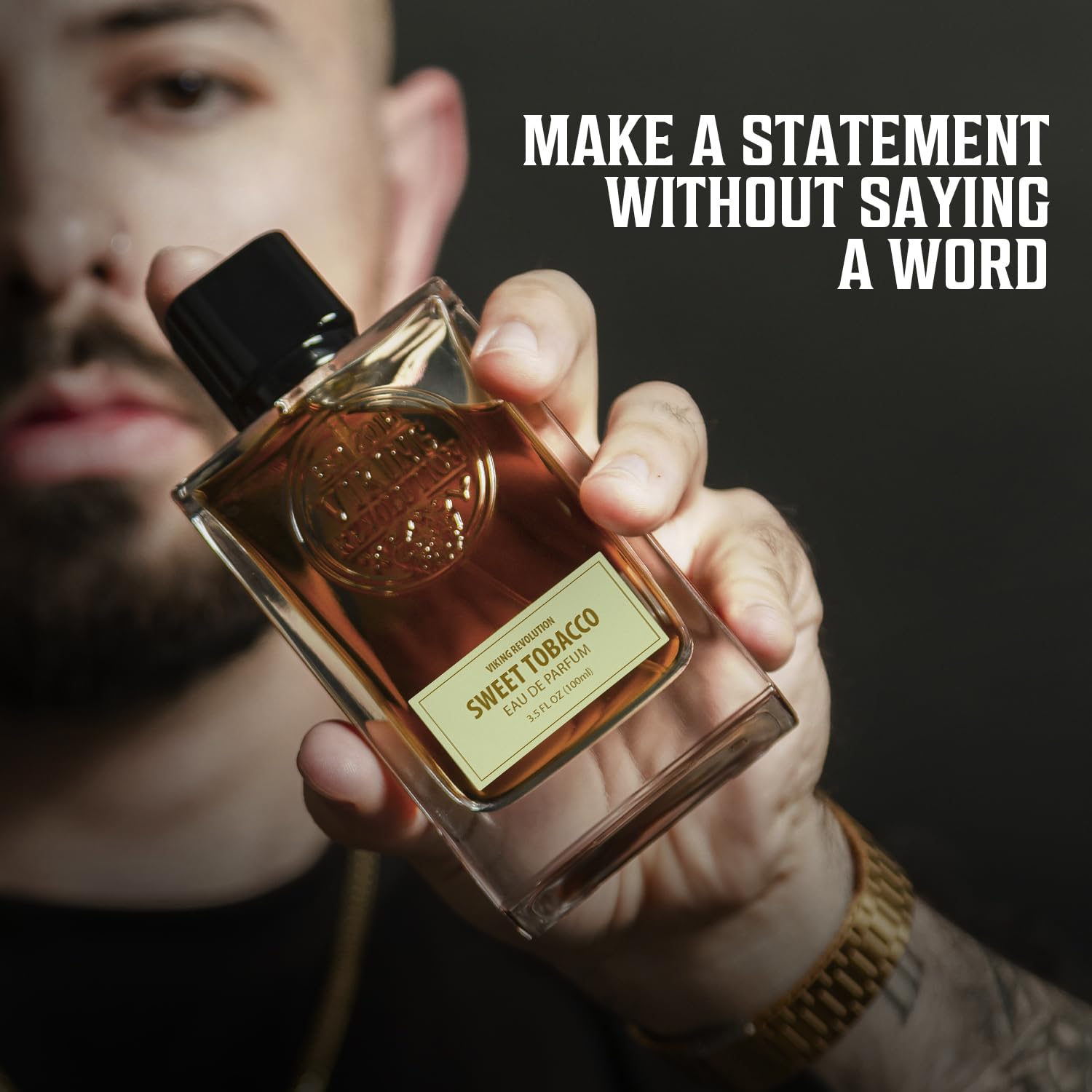 Viking Revolution Sweet Tobacco Cologne bottle side reveals sleek silhouette for desk or vanity.