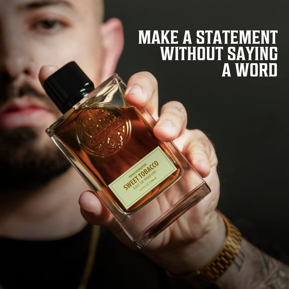 Viking Revolution Sweet Tobacco Cologne bottle side reveals sleek silhouette for desk or vanity.