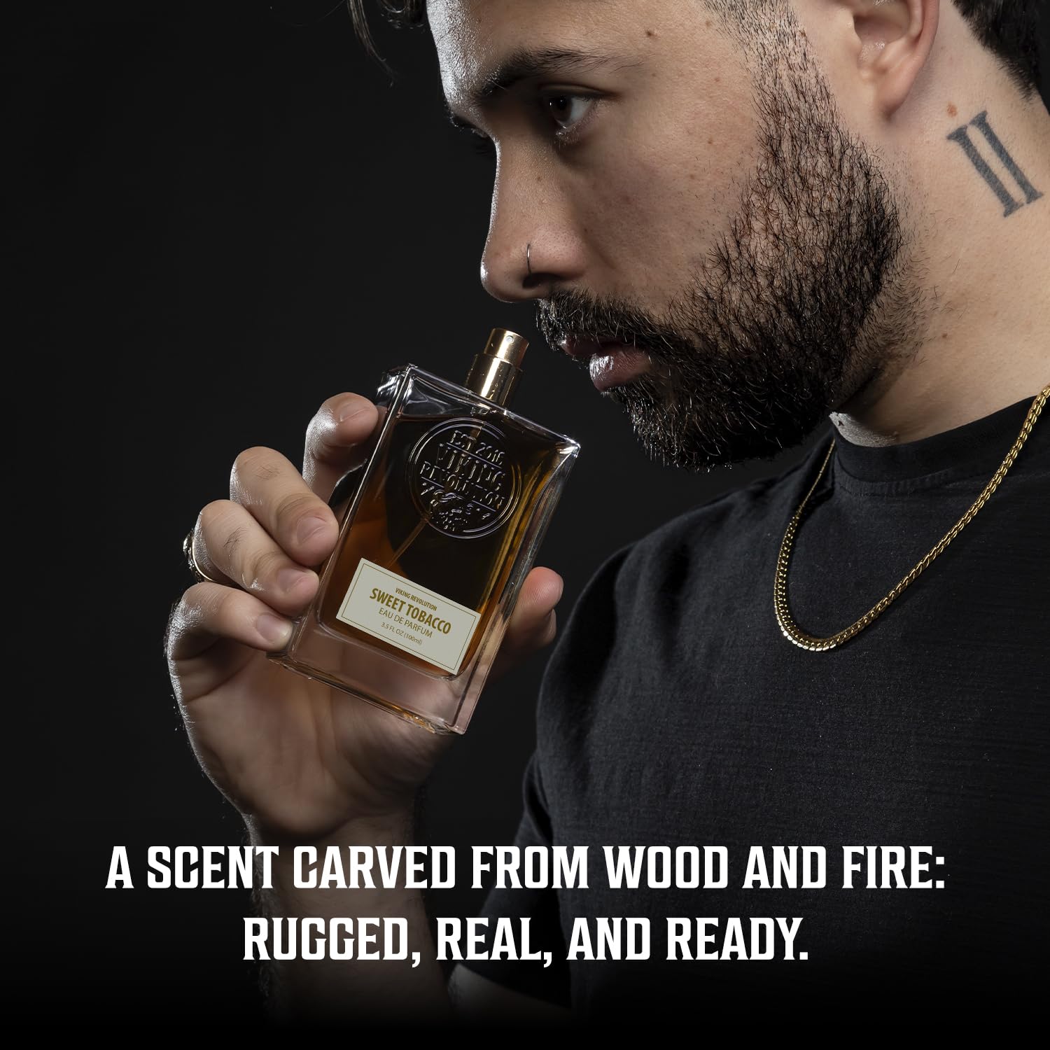 Viking Revolution Sweet Tobacco Cologne cap closeup highlights premium packaging for gifting.