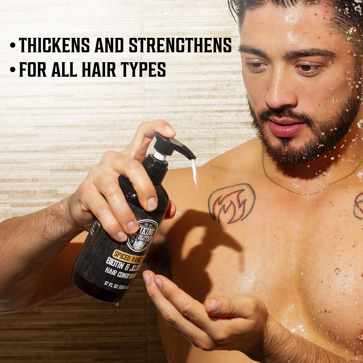 Viking Revolution Sweet Tobacco Conditioner bottle highlights hydrating biotin boost for soft ends