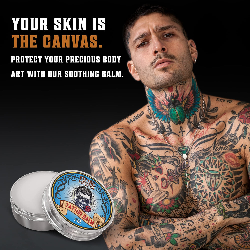 Viking Revolution tattoo care balm natural ingredients listing with soothing formula
