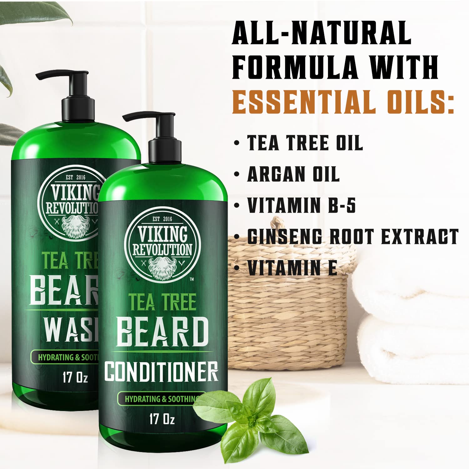Viking Revolution Tea Tree Beard Conditioner bottle provides soft, manageable beard and reduced itch.