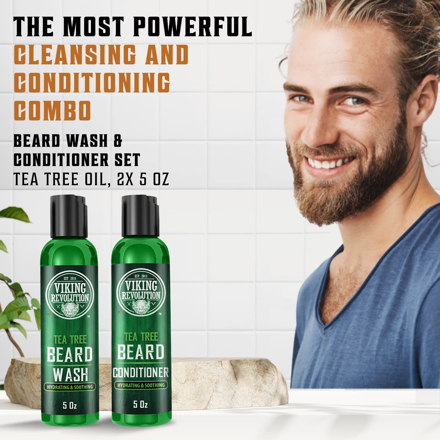 Viking Revolution Tea Tree Beard Conditioner bottle for deep conditioning.