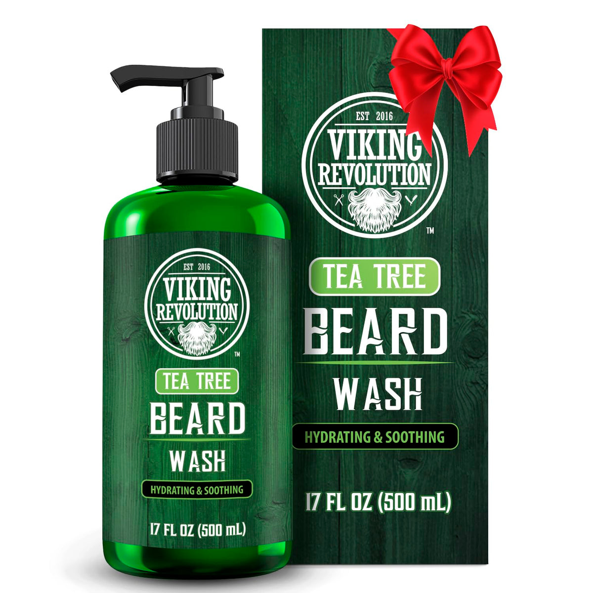 Viking Revolution Tea Tree Beard Wash bottle for refreshing cleanse and beard softness.