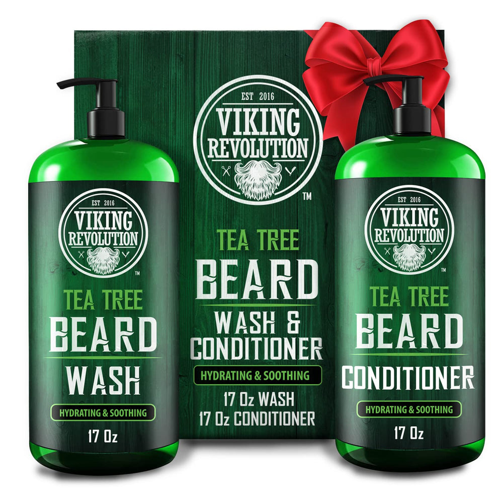 Viking Revolution Tea Tree Beard Wash bottle shows refreshing cleanse for daily beard care.