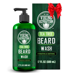 Viking Revolution Tea Tree Beard Wash bottle for refreshing cleanse and beard softness.