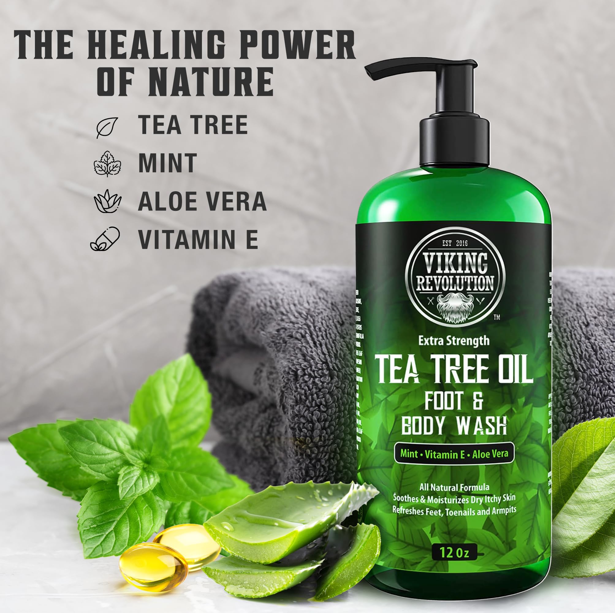 Viking Revolution Tea Tree Body Wash male-scene highlights masculine routine and scent.