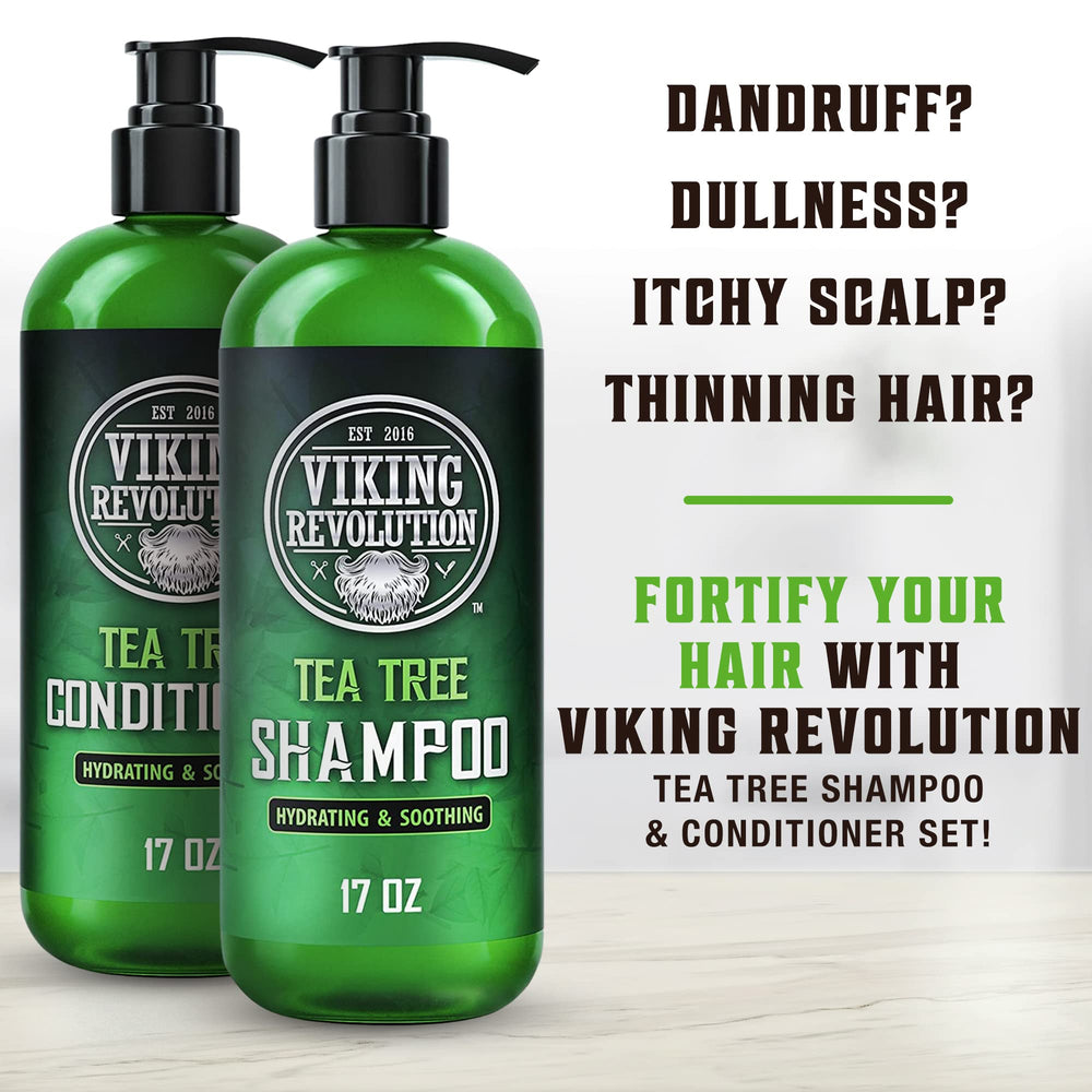 Viking Revolution Tea Tree Conditioner bottle closeup emphasizes hydration and detangling benefits
