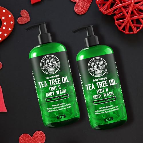 Viking Revolution Tea Tree Oil Body Wash bottle-back highlights label with ingredients and usage guidance.