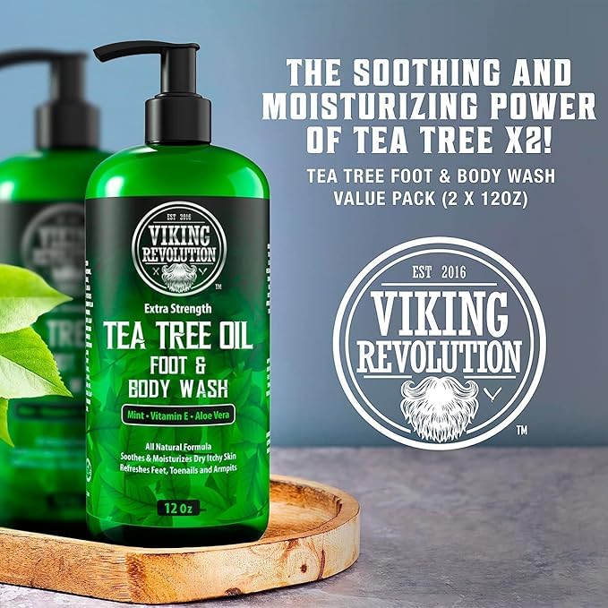 Viking Revolution Tea Tree Oil Body Wash bottle-front emphasizes easy pump for quick cleansing.