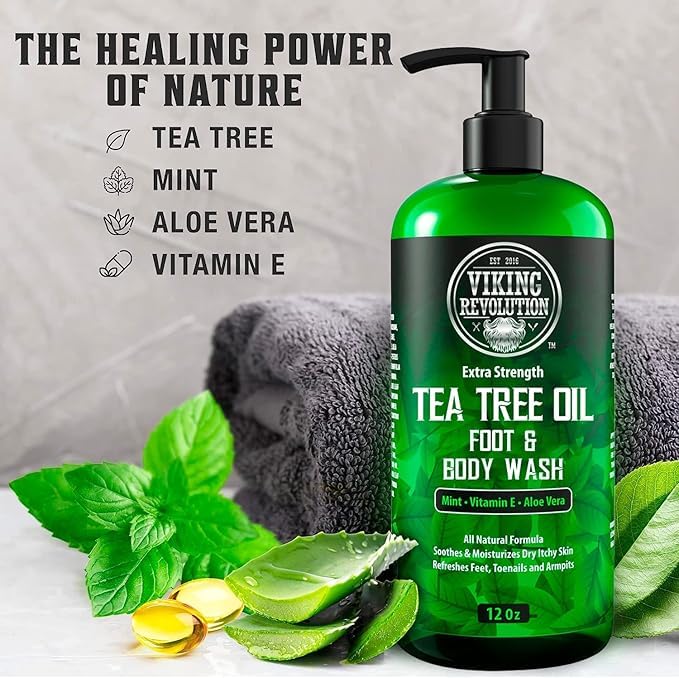 Viking Revolution Tea Tree Oil Body Wash packaging indicates durable design for travel and gym bags.