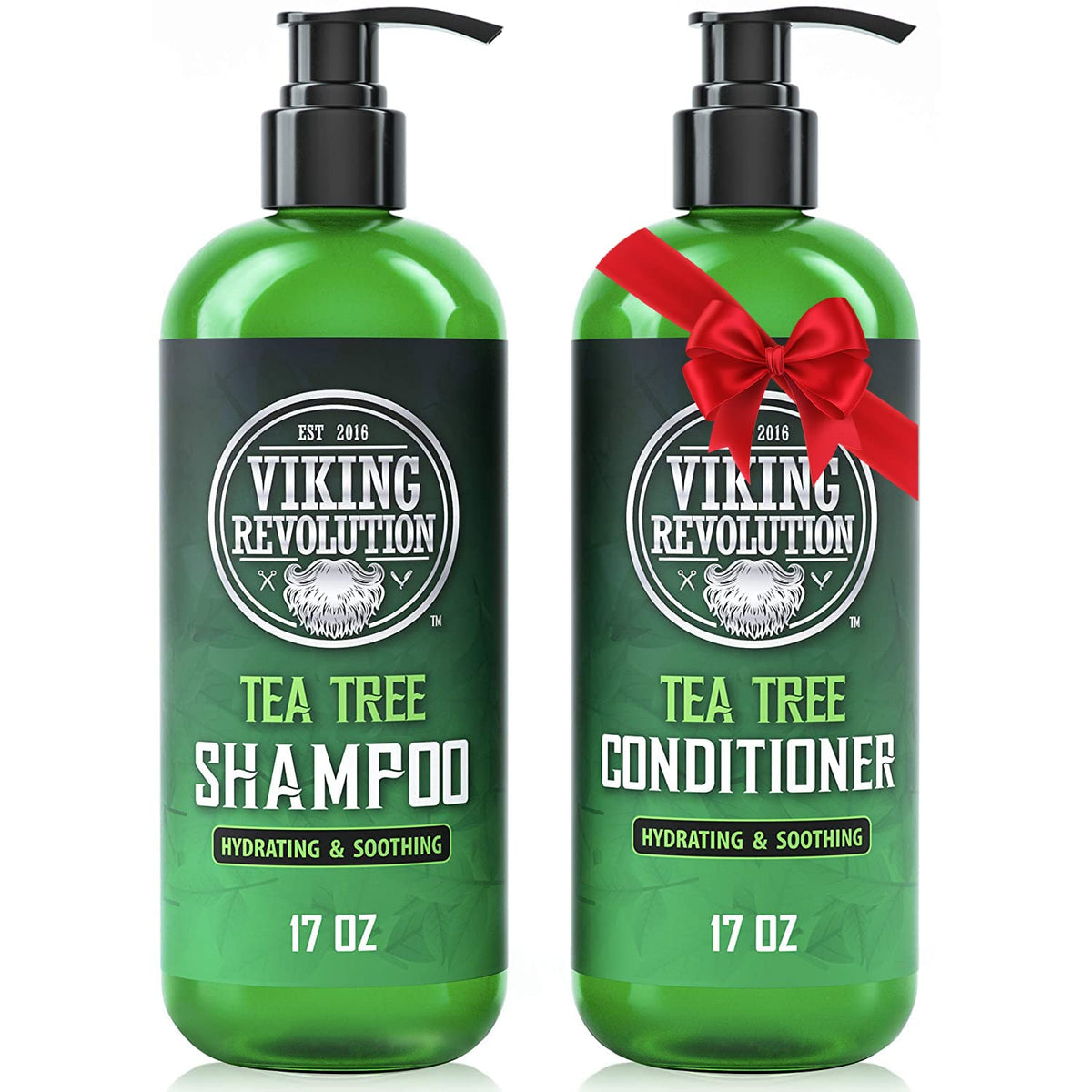 Viking Revolution Tea Tree Shampoo bottle closeup highlights refreshing cleanse and natural aroma
