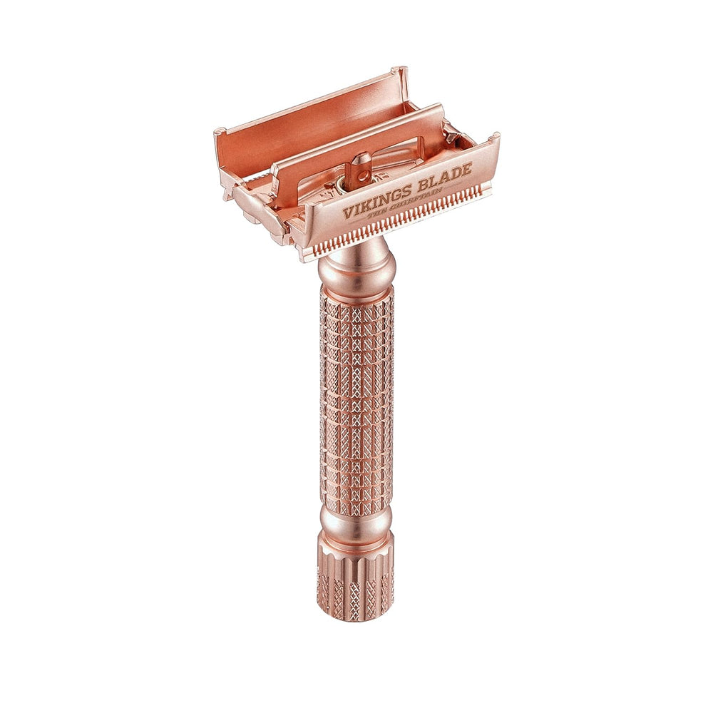 Vikings Blade brass handle closeup emphasizes premium grip and control.