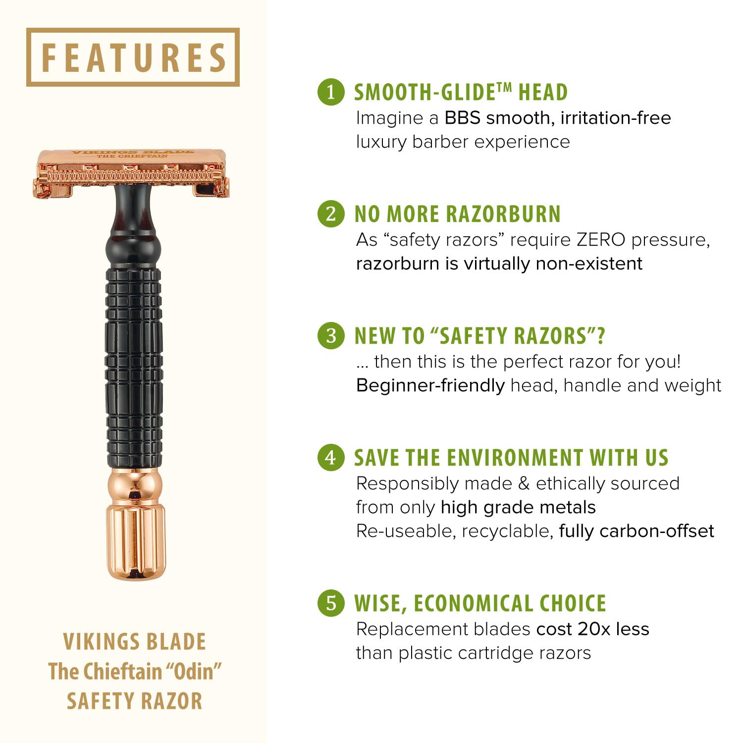 Vikings Blade Chieftain Odin platinum-coated Swedish blades deliver a milder, smoother shave.