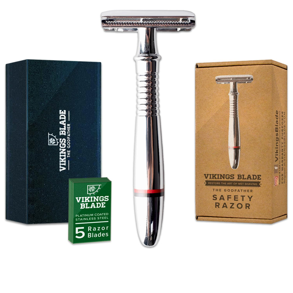 Vikings Blade double-edge safety razor closeup shows premium metal build for a smoother shave.