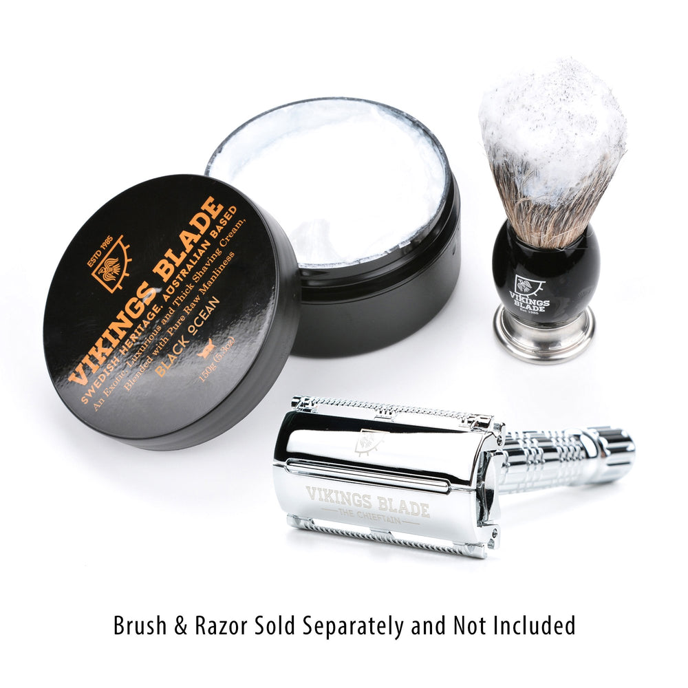 Vikings Blade Luxury Shaving Cream Black Ocean scent enhances refreshing shave.