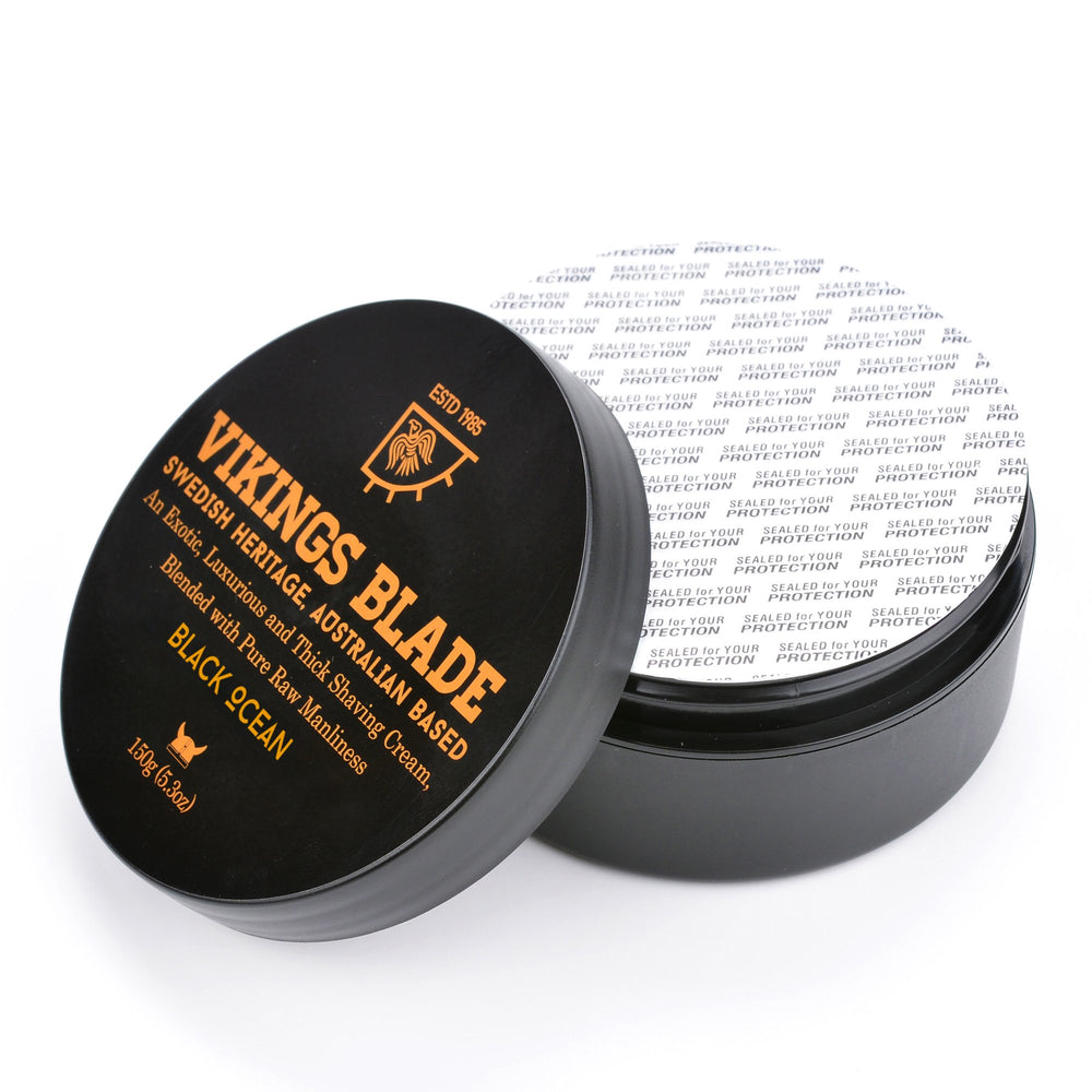 Vikings Blade Luxury Shaving Cream brush application shows silky texture for a close shave.