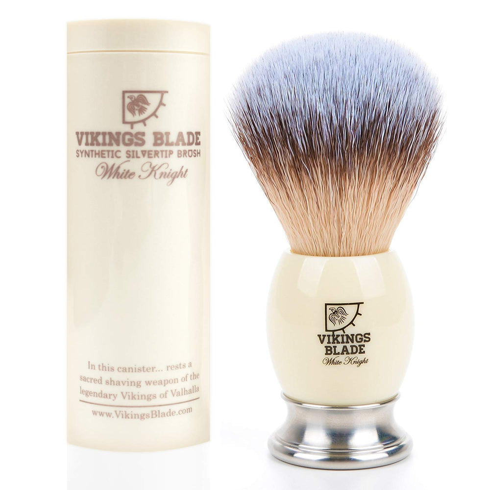 Vikings Blade White Knight shaving brush knot detail shows plush backbone for smooth shaves.