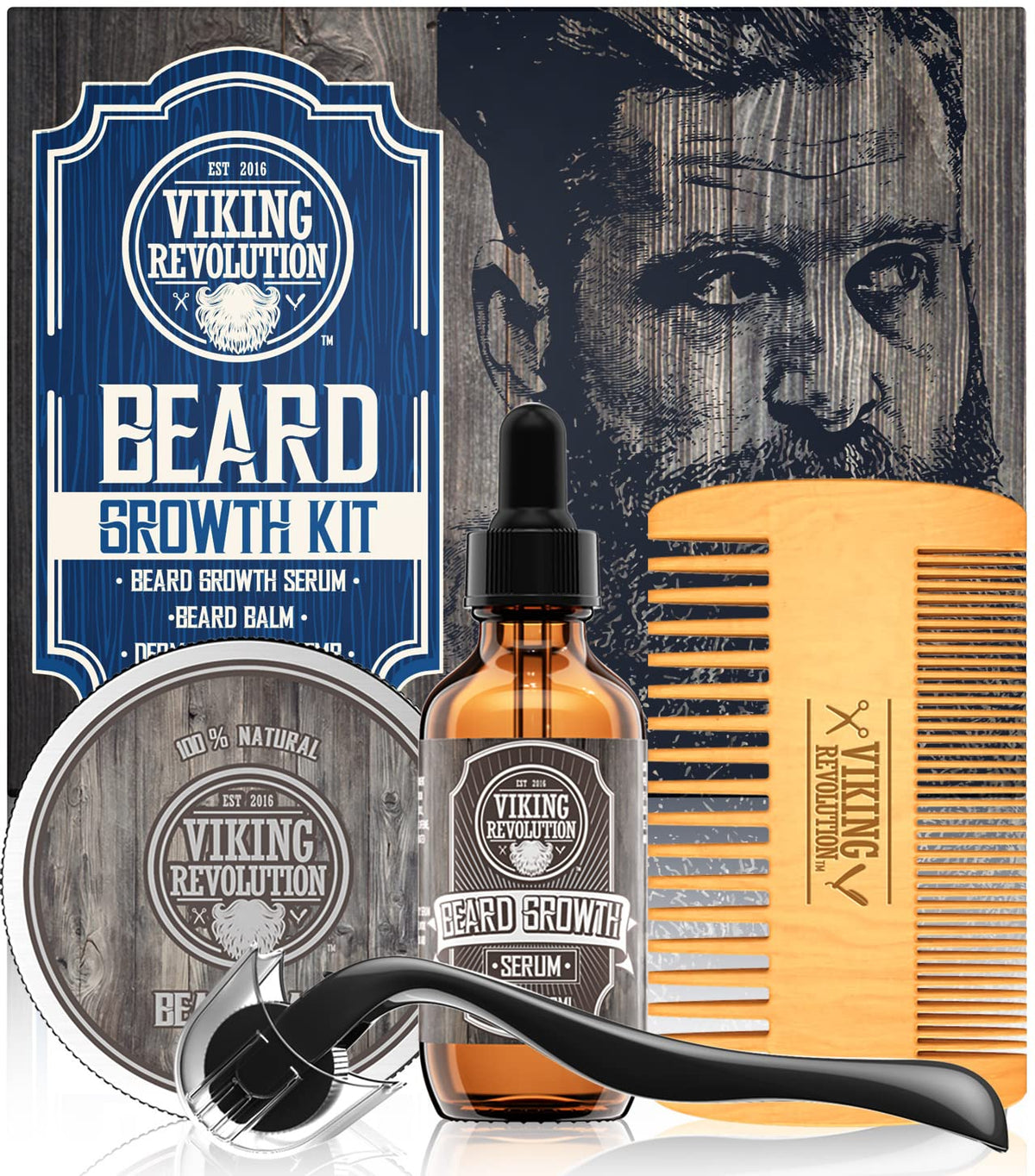 Viking Revolution beard growth kit oil bottle close-up, nourish facial hair daily.