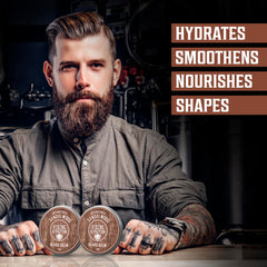 Viking Revolution beard balm application scene showing pea-sized amount on palm for beard nourishing.