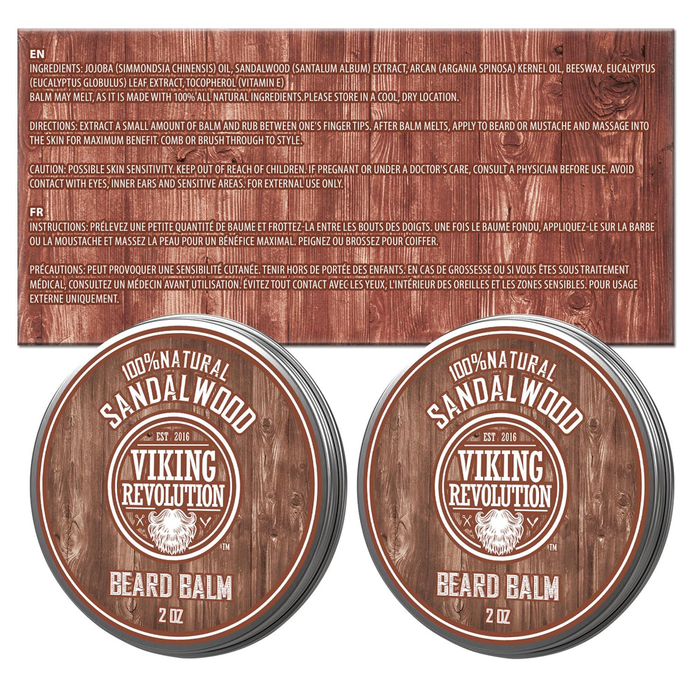 Viking Revolution 2oz beard balm duo pack on bathroom shelf.
