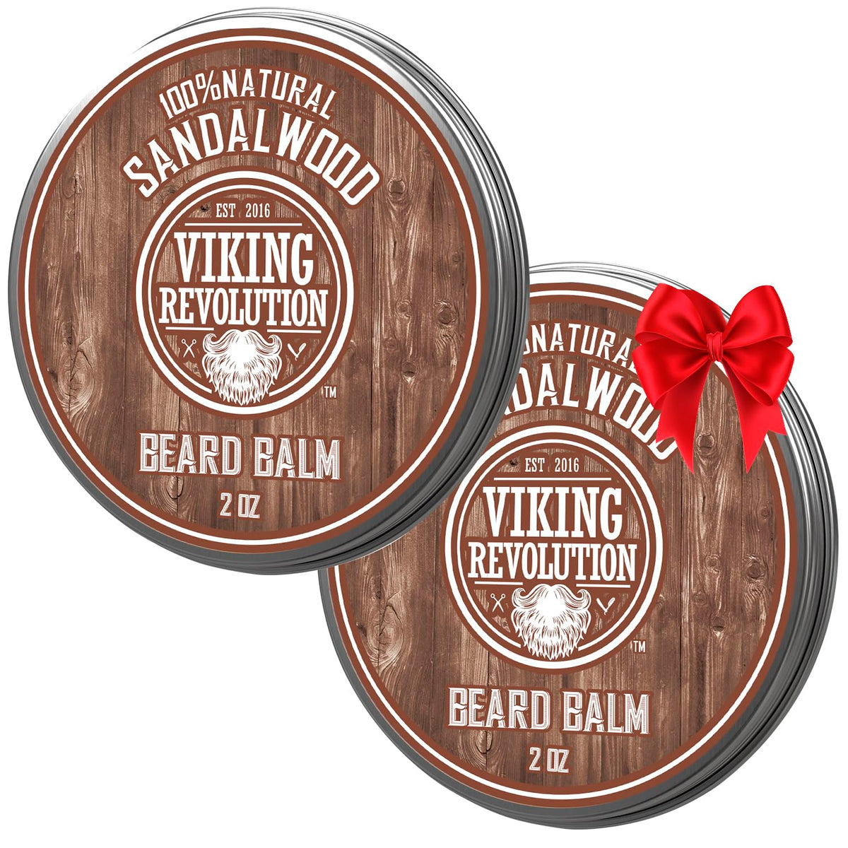 Viking Revolution sandalwood beard balm jar close-up signaling conditioning with argan and jojoba oils.