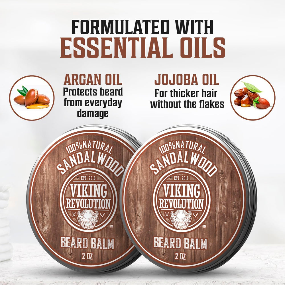 Viking Revolution sandalwood balm packaging shot emphasizes natural ingredients and premium beeswax.