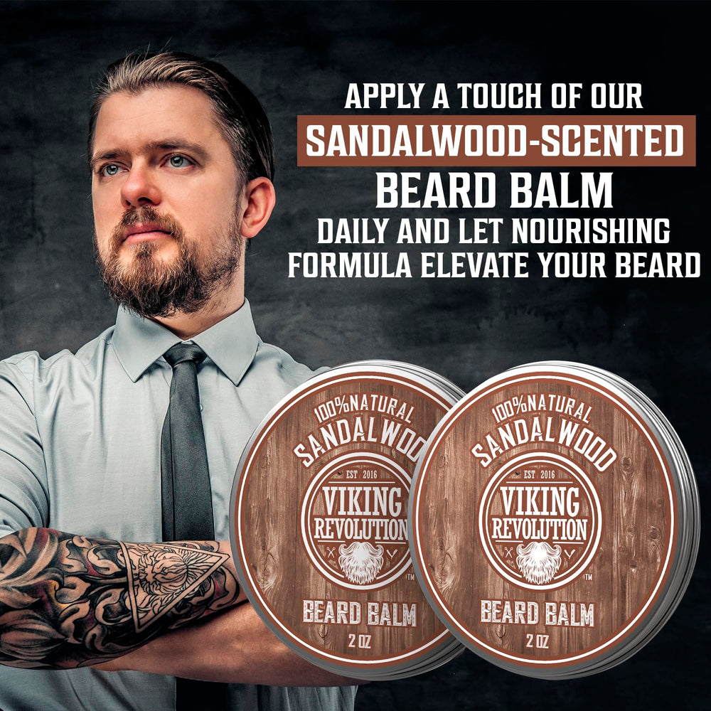 Viking Revolution sandalwood beard balm tub with rich texture close-up.