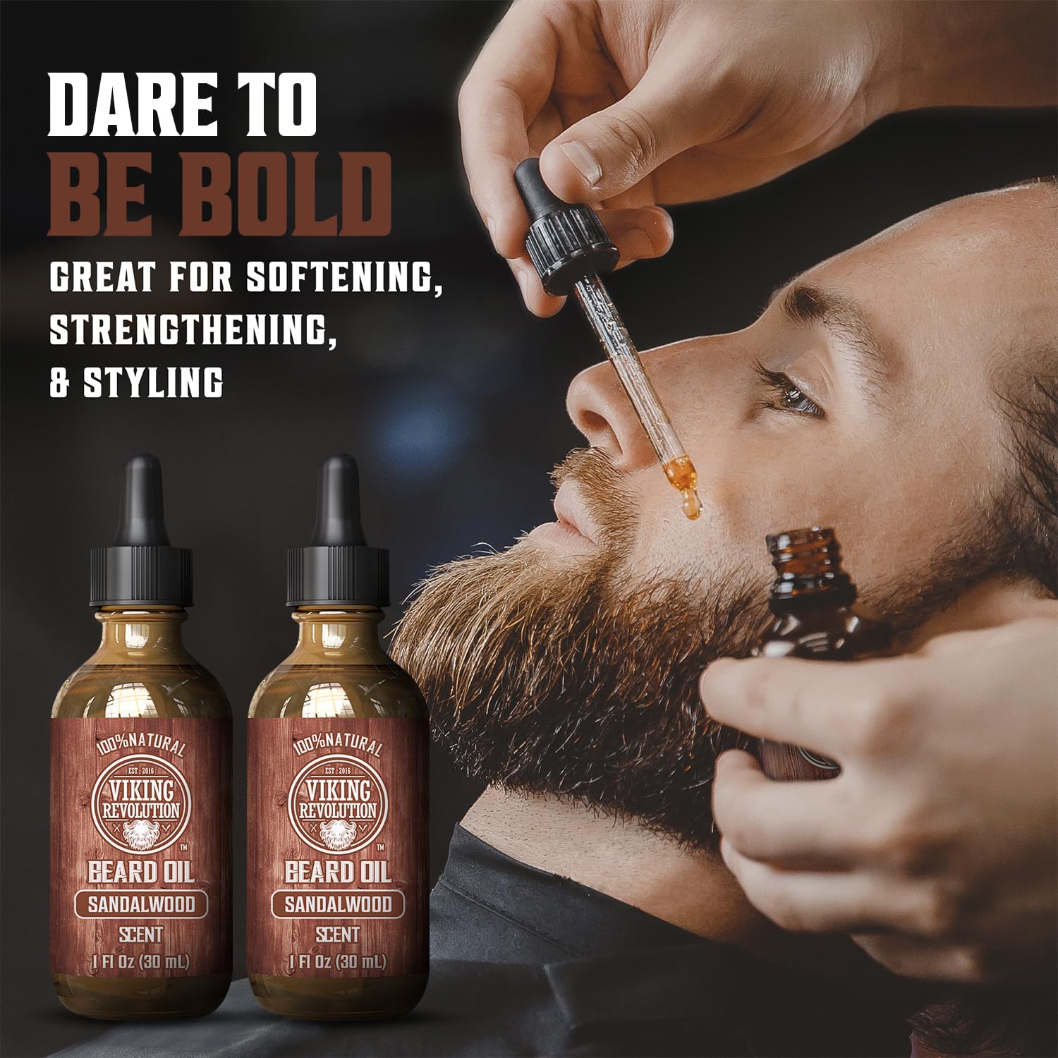Viking Revolution sandalwood beard oil ingredients jar shows argan and jojoba for healthier facial hair.