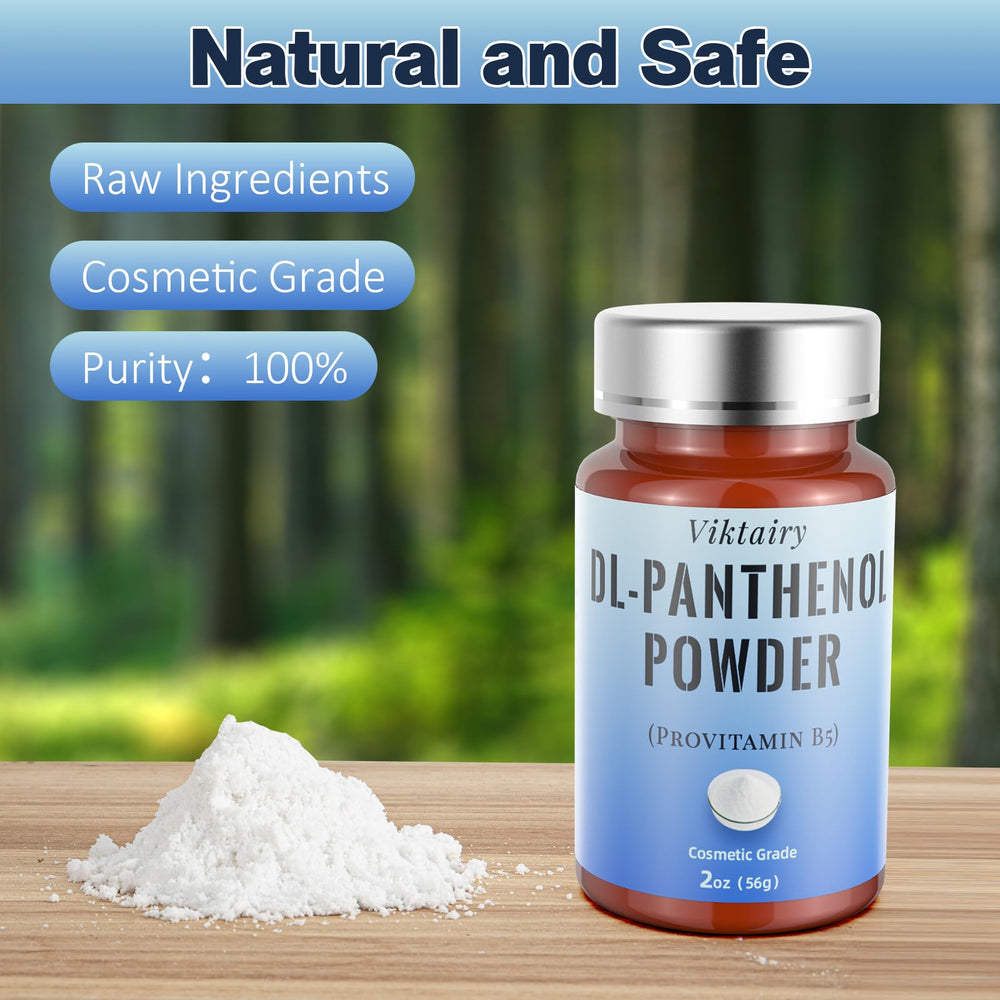 Viktairy panthenol powder packaging closeup highlights additive-free formula for cosmetic use.
