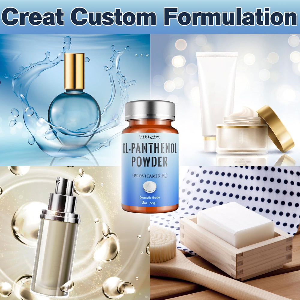 Viktairy panthenol powder skin-care application shows hydration and clarity support.
