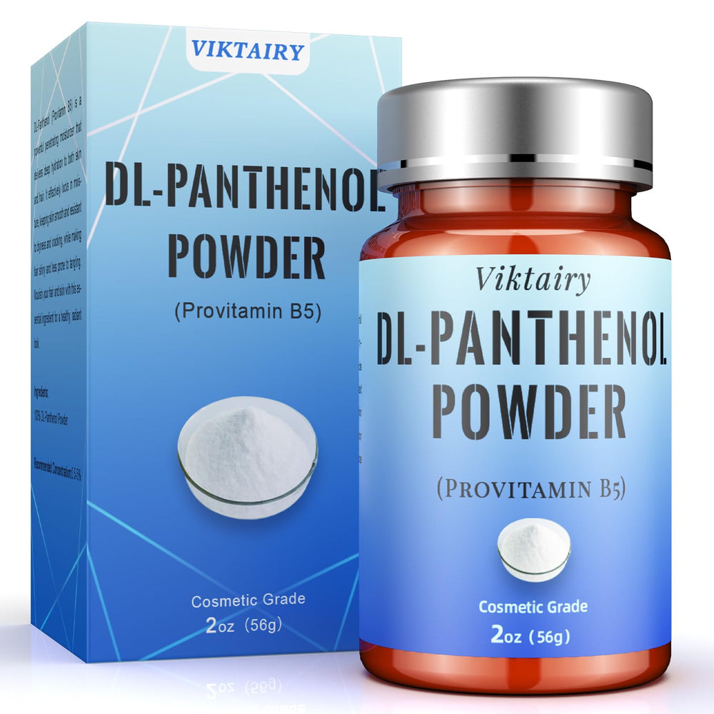 Viktairy Pure DL-Panthenol Powder jar shows purity for hydrating skin and hair.