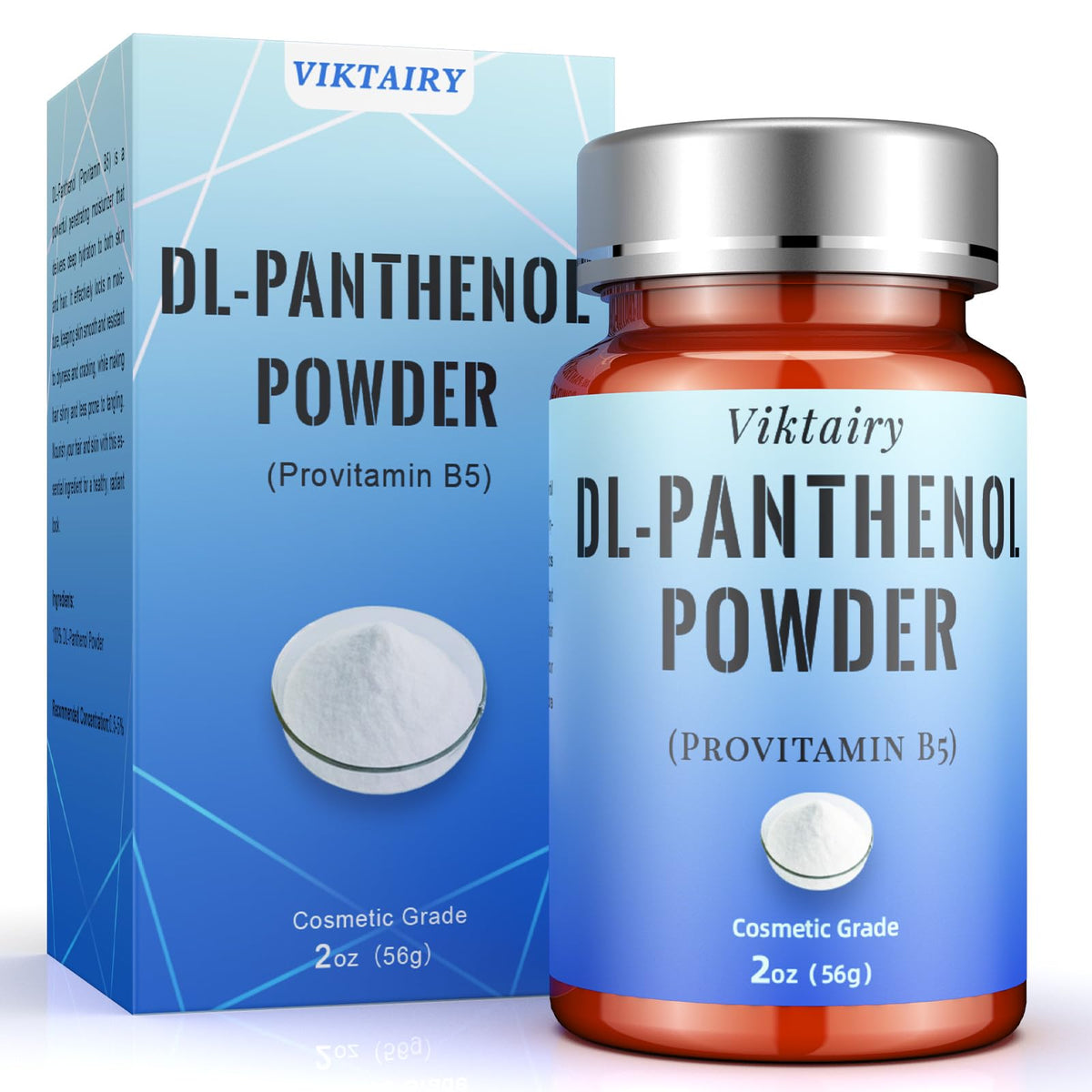 Viktairy Pure DL-Panthenol Powder jar shows purity for hydrating skin and hair.