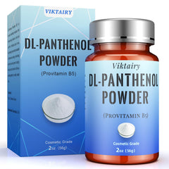 Viktairy Pure DL-Panthenol Powder jar shows purity for hydrating skin and hair.