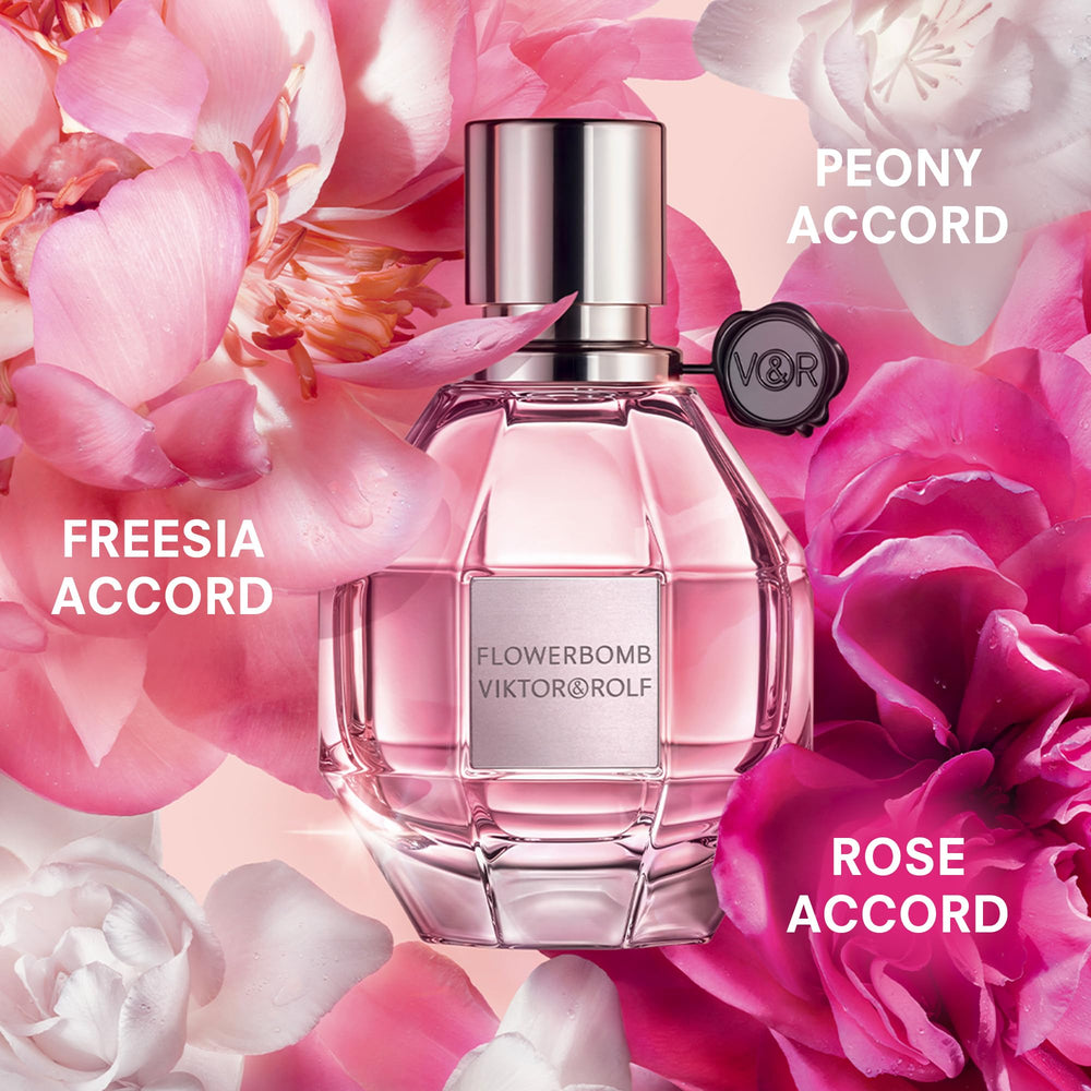 Viktor&Rolf Flowerbomb bottle side view highlights elegant design and premium fragrance presentation.