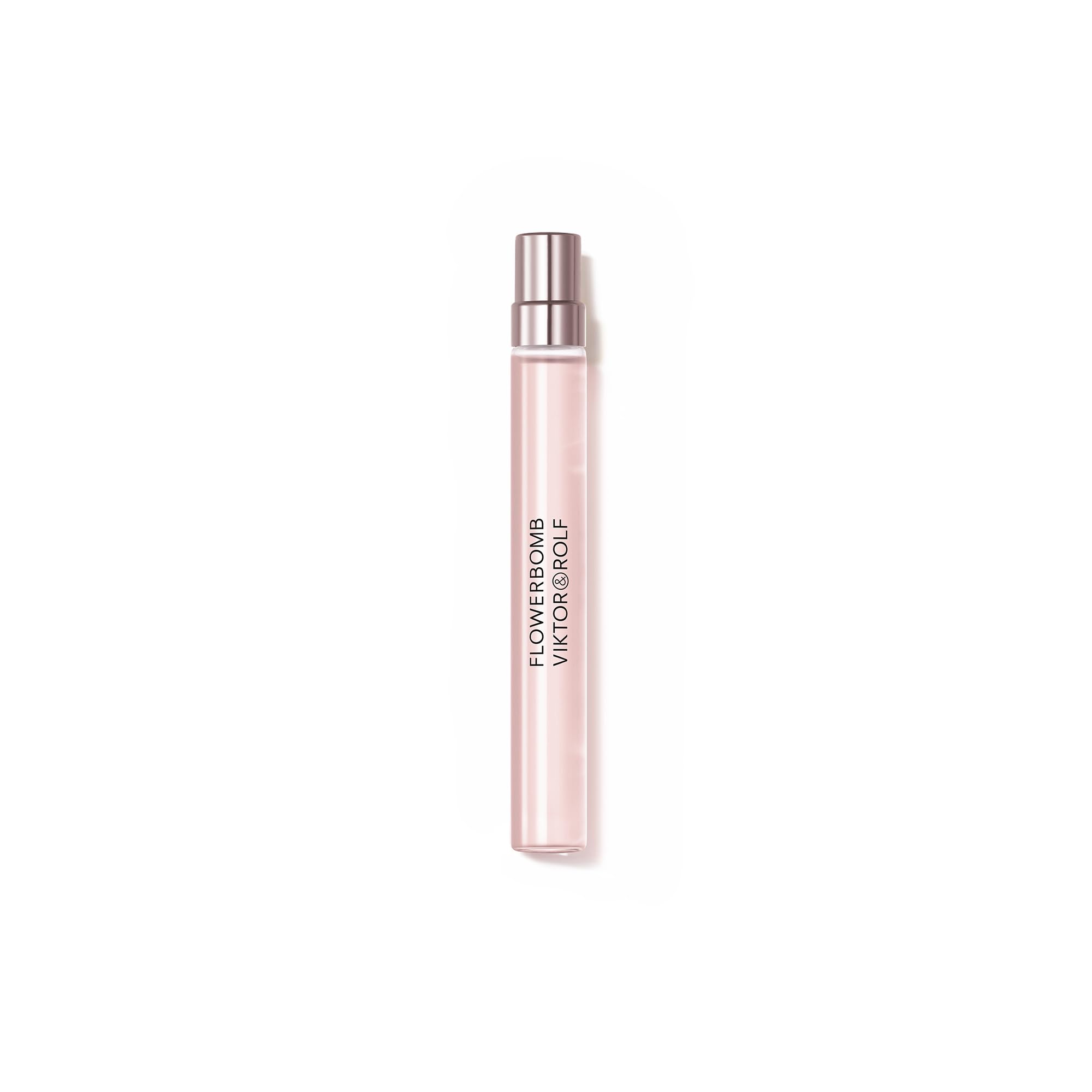 Viktor&Rolf Flowerbomb travel-size bottle highlighting jasmine and rose for day-to-night versatility.