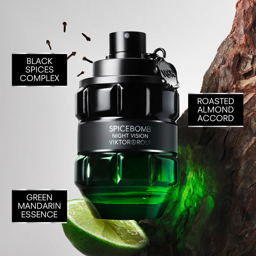 Viktor&Rolf Spicebomb Nightvision atomizer close-up shows premium packaging and warm spice.